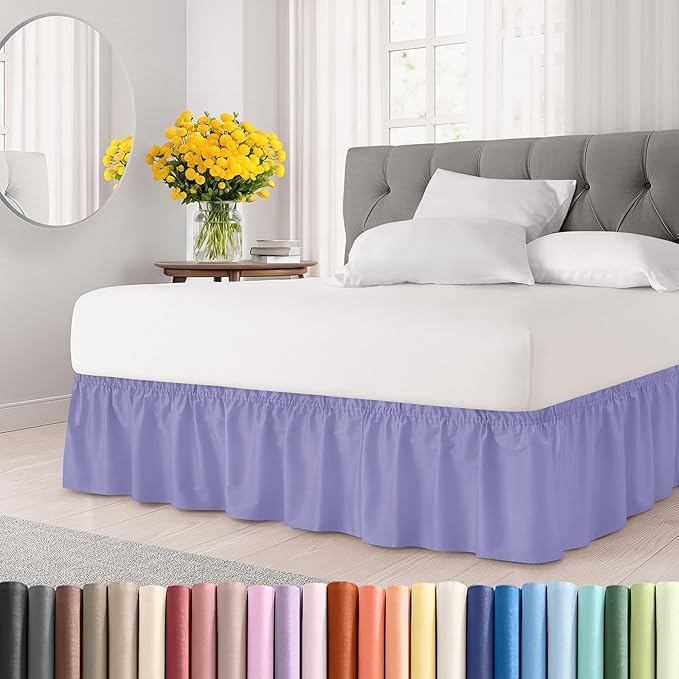 Wrap Around Dust Ruffle Bed Skirt - Lavender - for Queen Size Beds with 24 Inch Drop - Elastic Strap - Adjustable Pleated Bedskirt with Brushed Fabric and Wrinkle Free - for Women, Men, Kids & Teens