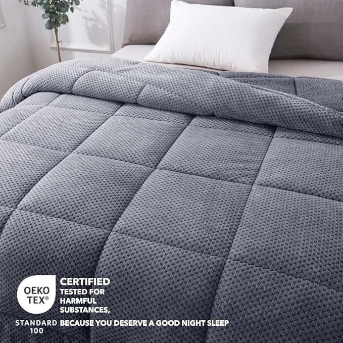 KASENTEX Super Ultra Soft Luxury Plush Sherpa Comforter, Cozy Reversible Fleece - Goose Down Alternative Fill, Machine Washable Bedding, Excalibur Grey, King Size