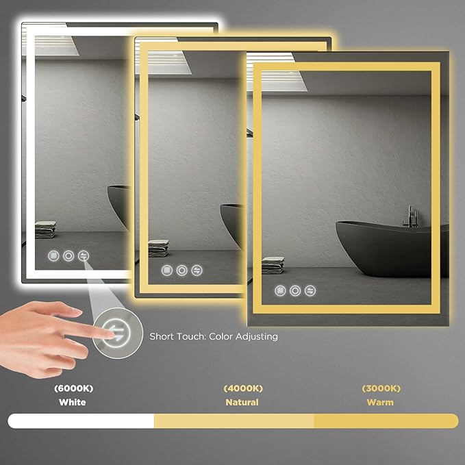 Bathroom Mirror, 28"x 36" Vanity Mirror with Lights, LED Mirrors with Anti-Fog, Stepless 3 Colors Temperature & Dimmable, Memory Tempered Glass Bathroom Mirrors for Over Sink