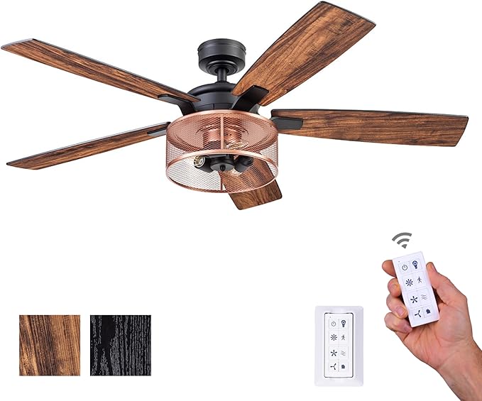 Honeywell Ceiling Fans Carnegie Industrial 52 Inch Ceiling Fan with Light, Remote Control Fan, LED Indoor Fan with 5 Blades, Black Oak and Brown Mopane Blade Finish Options, Copper (51459-01)