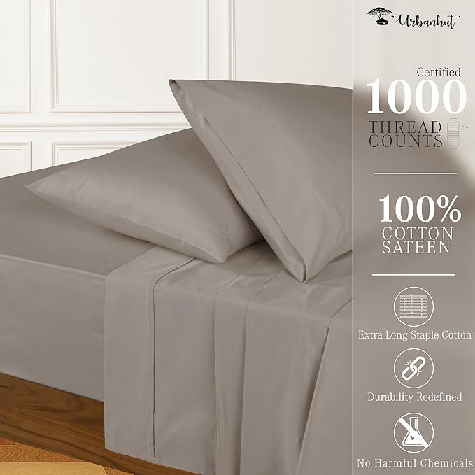 URBANHUT 1000 Thread Count Egyptian Cotton Sheets Twin Size, Long Staple Soft & Breathable, 3 Pc Bed Sheet Sets, Luxury Hotel Sateen Sheets Fits 16" Deep Pocket - Dark Grey