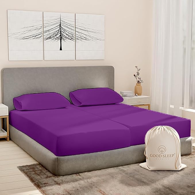 Split King Sheets Sets for Adjustable Bed Cotton, Luxury Sheets, Egyptian Cotton Sheets, 5 Piece 100% Cotton Split King Sheet Set, Sateen Sheetts, 2 Fitted - 16" Deep Pocket, Purple