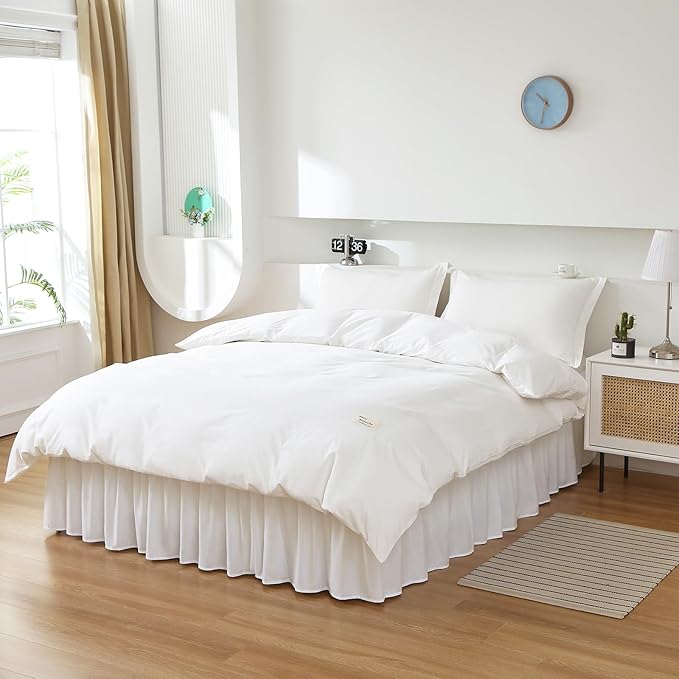 MEILA Wrap Around Bed Skirt Three Fabric Sides Elastic Dust Ruffled 16 Inch Tailored Drop,Easy to Install Fade Resistant-Natural White, Queen/King