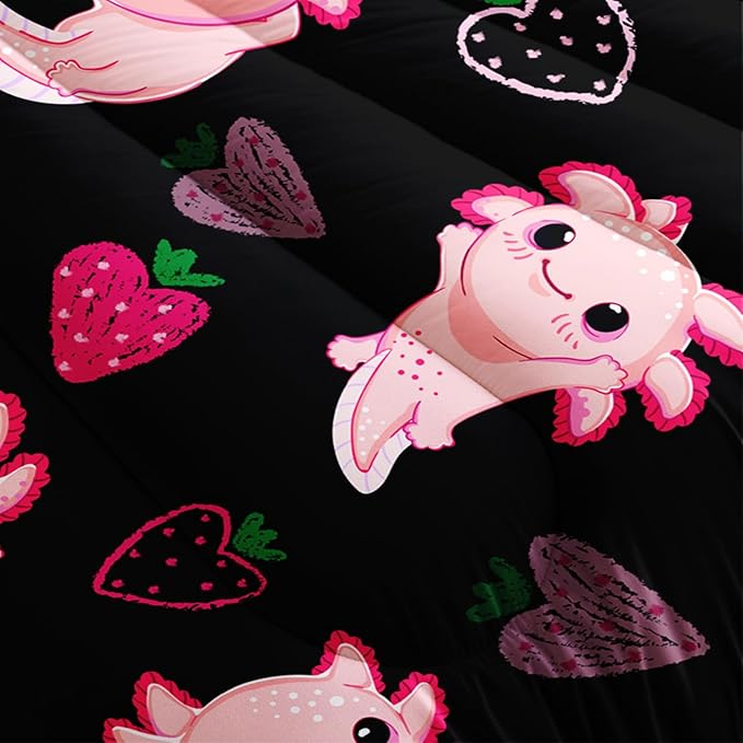 Cute Axolotl Bedding Set King Size,Pink Axolotl Strawberry Printed Comforter Sets Aesthetic Bedding for Kids Girls,Beach Coastal Animal Themed Comforter Sets with 2 Pillowcases.