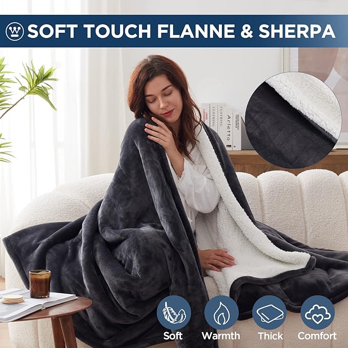 Westinghouse Electric Blanket Twin, Heated Blanket Twin Size with 10 Heating Levels and 1 to 12 Hours Heating Time Settings, Flannel to Sherpa Reversible, Machine Washable (62" x 84", Charcoal)
