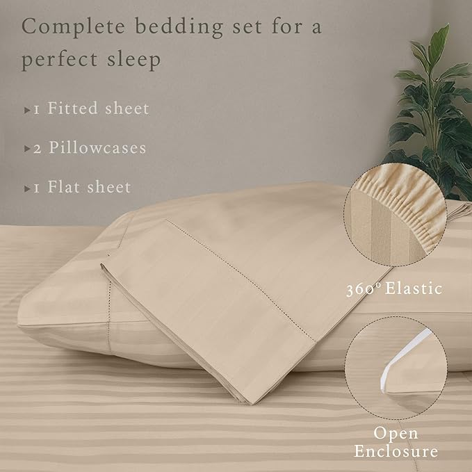 Threadmill 500 Thread Count Queen Size Damask Stripe, 4 Pc Luxury Cotton Bedding Set, Silky Smooth Light Beige Sheets with 16" Elasticized Deep Pocket, 2 Pillowcases & Free Tote Bag