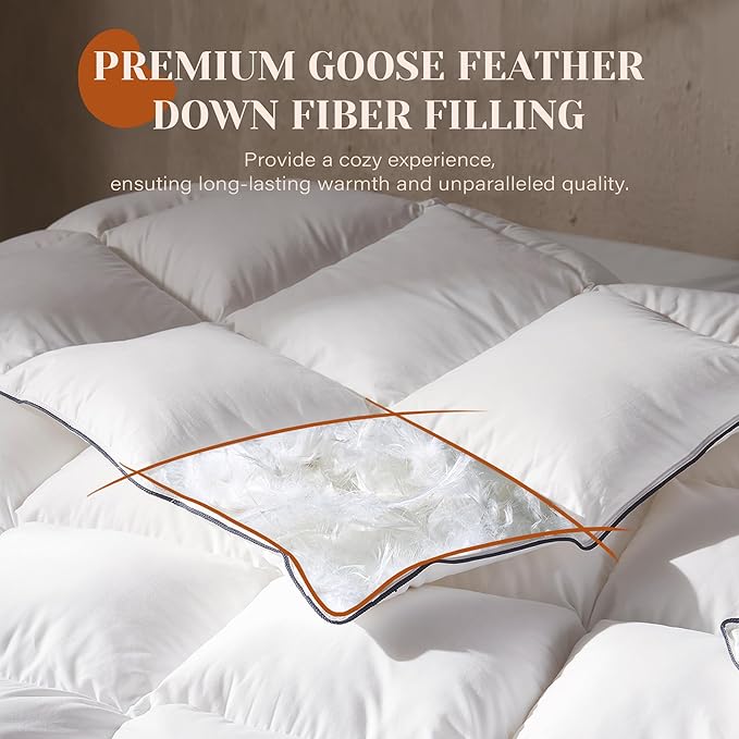Goose Feather Down Fiber Cotton Comforter California King Size, Ultra-Soft Duvet Insert, Hotel Collection White Quilted Comforter, All Season Bedding Comforter with 8 Corner Loops, 104x96 Inch
