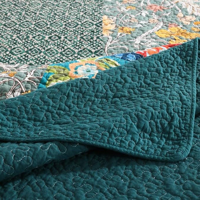 Autumn Dream Cotton Bedspread Quilt Sets Reversible Bedding Coverlet Sets Comforter, Vintage Floral Patchwork Turquoise Bedspread, King Size