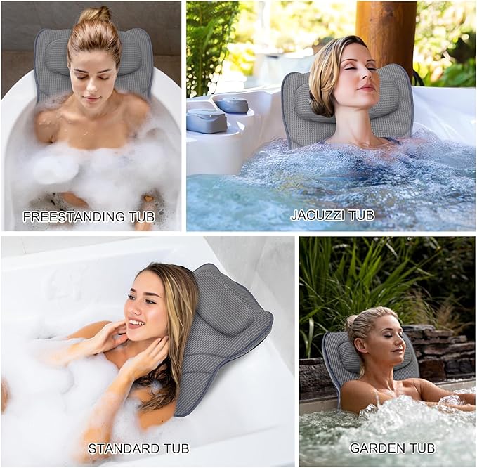 Extra Long Thick Full Body Bath Pillow for Tub with Lumbar Pillow- Luxury 4D Air Mesh Bathtub Pillow with Head, Shoulder & Back Support, Non-Slip Bath Cushion with Suction Cups, Fits All Tubs-Gray