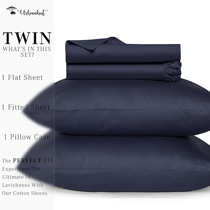URBANHUT 1000 Thread Count 100% Solid Cotton Twin Sheet Set, Luxury Bedding Set for Twin Size Bed, All Season Sateen Weave Hotel Bedsheets, 16" Elasticized Deep Pocket, Comfy - Navy Blue (3 Pc)
