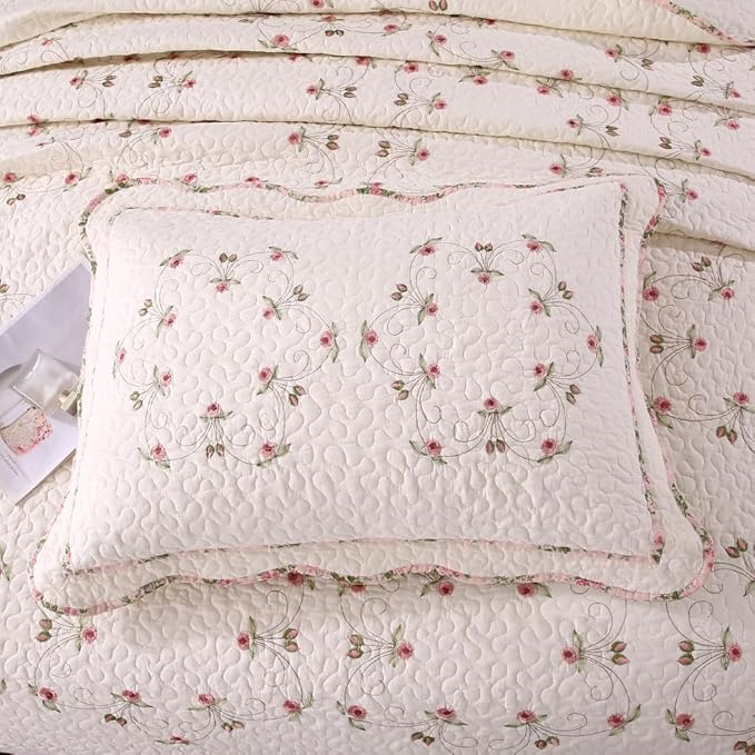 Quilt Set Floral Leaves 3D Embroidery Pattern 2 PCS Cotton Reversible Quilted Embroidered Decorative Bedspreads Coverlet Set, Lightweight &Soft Queen Size Beige Bedding Coverlet for All Season