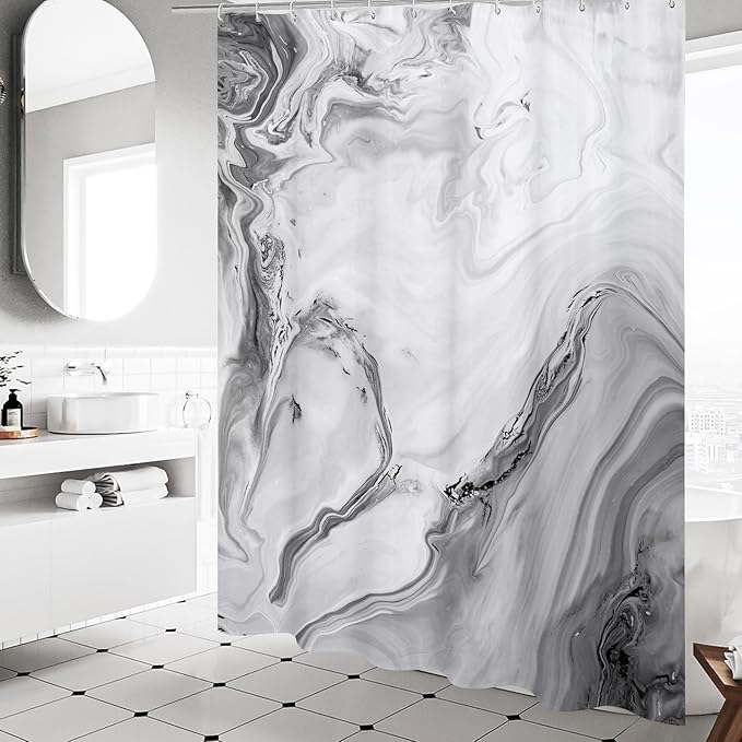 MitoVilla Grey Marble Small Stall Shower Curtain 36 x 72, Abstract Ombre Half Size Narrow Shower Curtain Set, 36 inch Modern Fabric Shower Curtains for Chic Luxury Bathroom Decor