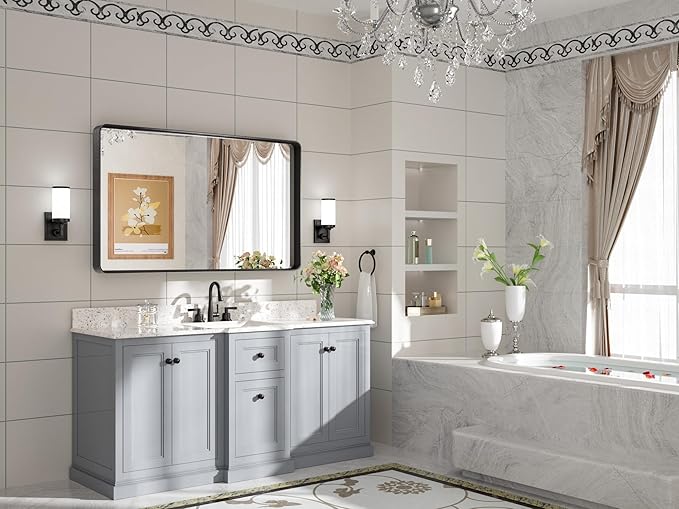 TETOTE Black Framed Bathroom Mirror, 40 x 24 Inch Matte Metal Frame Vanity Mirror, Modern Farmhouse Wall Mounted Rectangle Mirror (Horizontal/Vertical)