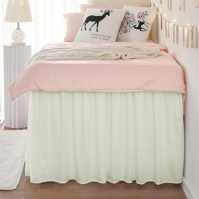 RIMELA Dorm Bed Skirt Twin XL 42 Inch Drop, Easy to Install Extra Long Wrap Around Elastic Dust Ruffle, Ivory White Bedskirt Silky Fabric Machine Washable (Twin XL 80“L x 39”W & Twin 75“L x 39”W)