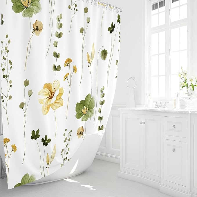 Gibelle Long Shower Curtain 72 x 78, Watercolor Floral Fabric Shower Curtain, Olive Green Beige Flower Decorative Bathroom Shower Curtain Set with Hooks