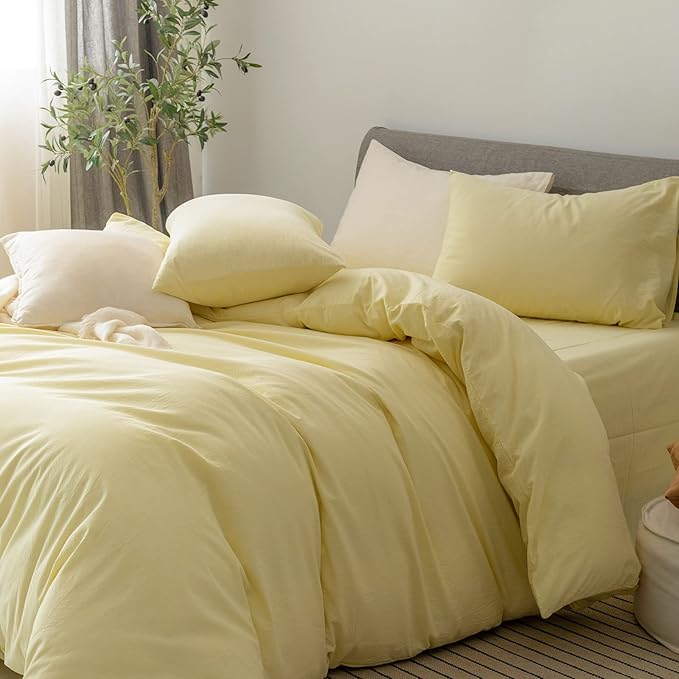 FOSSA Duvet Cover Set 100% Washed Cotton Linen Feel Super Soft Breathable Cozy 3 Pieces Bedding Sets Solid Pastel Yellow King