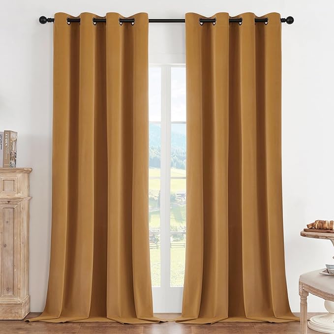 Joydeco Mustard Yellow 100% Blackout Curtains 84 Inch 2 Panels, Luxury Thermal Yellow Velvet Curtains for Bedroom Living Room, Soundproof Blackout Window Drapes, Grommet Top (52W x 84L)
