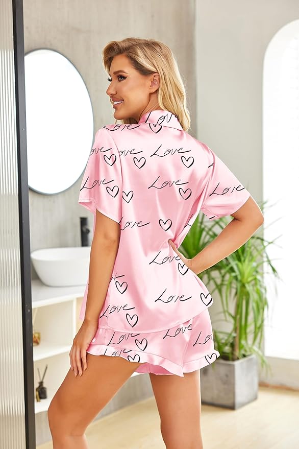 HOTOUCH Womens Satin Pajamas Set Button Down 2 Piece Silk Pjs Shorts Set Ruffle Lingerie Notch Collar Sleepwear
