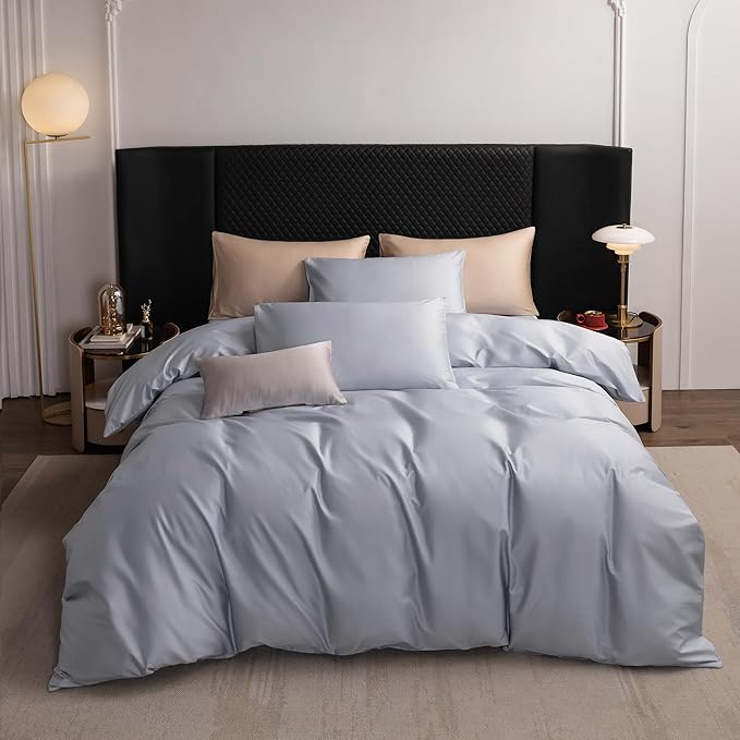 MooMee Duvet Cover Set 100% Extra Long Staple Cotton 600 Thread Count Silky Sateen Smooth Luxury Soft Breathable Durable Hotel Quality Bedding, 3 Pieces (Pale Blue, King 104"x90")