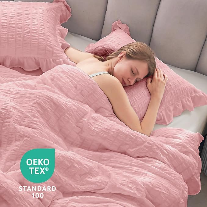 JOLLYVOGUE Pink Comforter Full Size, 3 Pieces Seersucker Lightweight Full Size Bedding, All Season Fluffy Microfiber Bedding Comforter Set with 1 Ruffle Comforter and 2 Ruffle Pillowshams