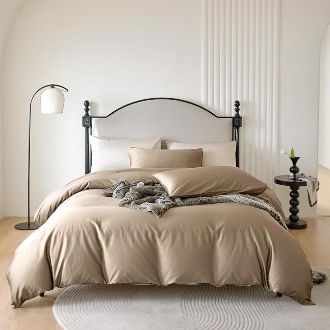 PURE ERA Duvet Cover Set King 800 Thread Count Long Staple Cotton Sateen Silky Soft Luxurious Smooth 3 Piece Set Dark Dessert Beige King
