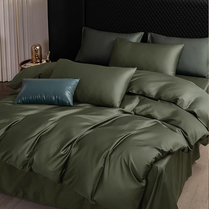 MooMee Duvet Cover Set 100% Extra Long Staple Cotton 600 Thread Count Silky Sateen Smooth Luxury Soft Breathable Durable Hotel Quality Bedding, 3 Pieces (Olive Green, Queen 90"x90")