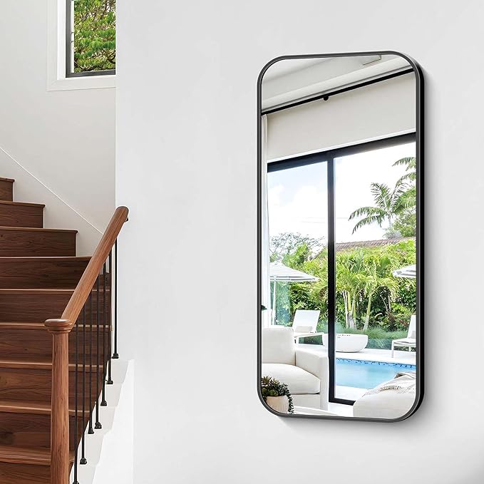 Bathroom Mirror, 48 x 24 inch Black Rectangle Wall Mirror, Metal Framed Rectangular Vanity Mirror, Rounded Corner Wall Mounted Mirror for Modern Bedroom Living Room Horizontal/Vertical