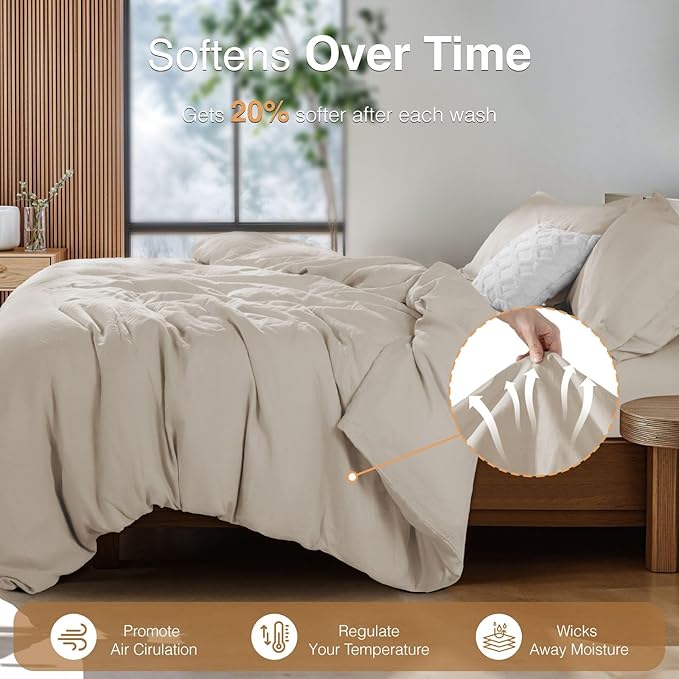 SONORO KATE 100% French Linen Duvet Cover King Size, Soft Breathable for Hot Sleepers, Moisture Wicking & Durable Cover Set - Zipper Closure & 4 Corner Ties Duvet Covers 3 Piece (Linen,King)