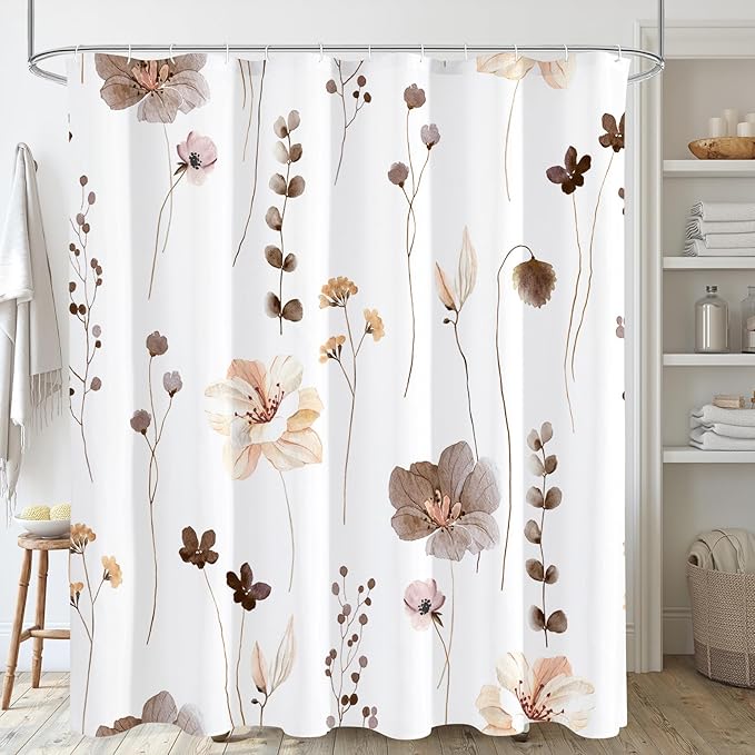 Gibelle Extra Long Shower Curtain 72 x 84, Watercolor Floral Fabric Shower Curtain, Brown Beige Flower Decorative Bathroom Shower Curtain Set with Hooks