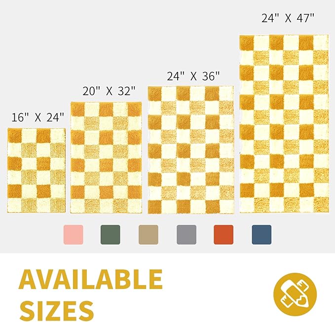 CozeCube Bath mats for Bathroom Non Slip, Fluffy Absorbent Microfiber Bath mat Washable, Aesthetic Bathroom Rugs, Large Harvest Gold Checkered Bath mat, Harvest Gold, 36" x 24"