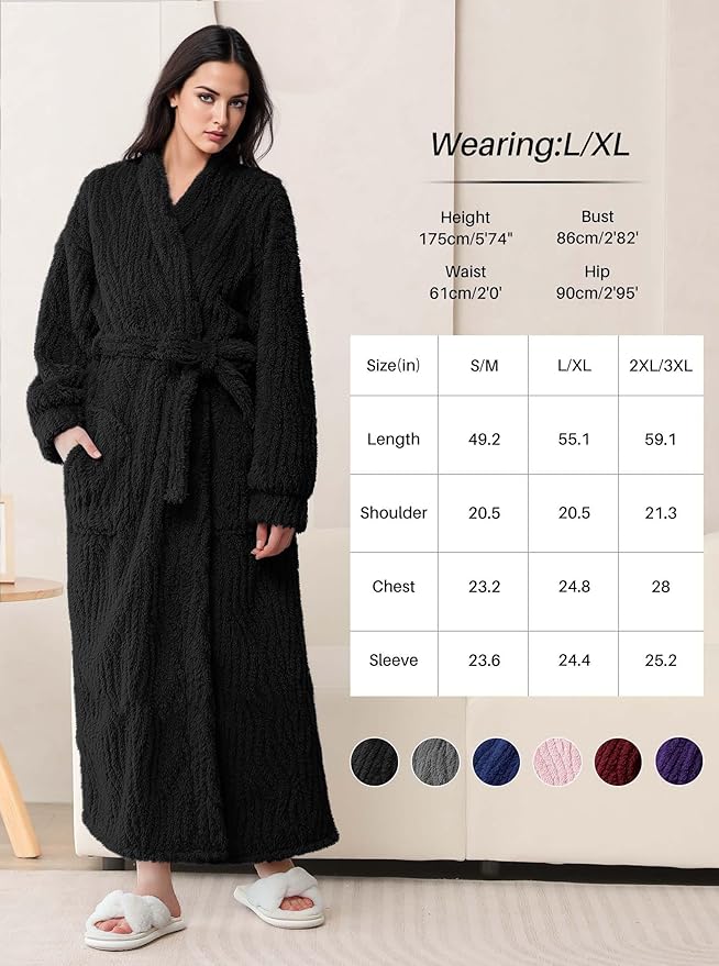 Artfasion Womens Long Fleece Robe - Warm Soft Floor Length Flannel Bathrobes for Winter Thicker Long House Coat with Pockets
