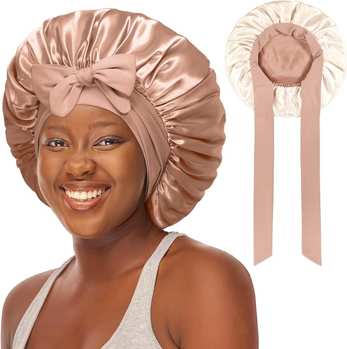 Double Layered Silk Satin Bonnet with Tie for Sleeping Black Women, Wide Band Large Hair Wrap Sleep Cap for Curly Hair Braid