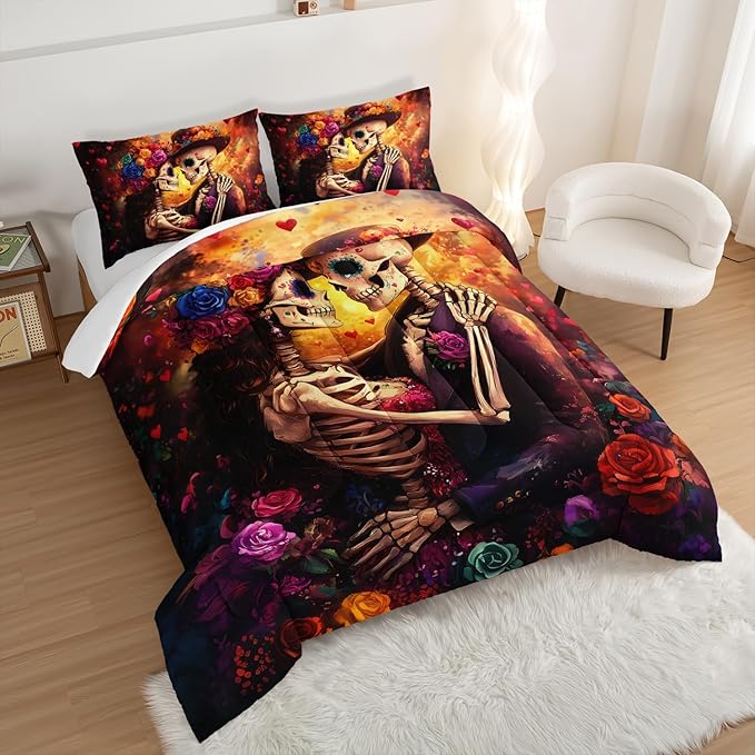 Skull Printed Comforter Set Full Size,Skeleton Couple Embrace Bedding Romantic Flower Comforter Set for Kids Girls Room Decor,Artistic Aesthetics Bedding Set with 2 Pillowcases.