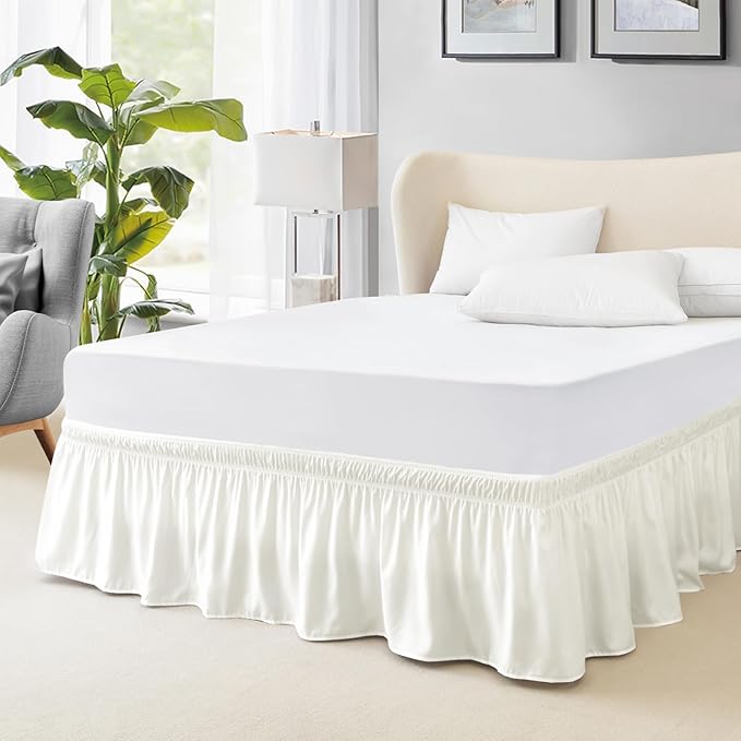 FreshCulture Full Bed Skirt, Elastic Wrap Around Bed Skirt Full Bed, Easy Fit with 22-Inch Tailored Drop, Hotel Quality Dust Ruffle for Full Size Bed, Bed Skirt Full Size (Ivory)