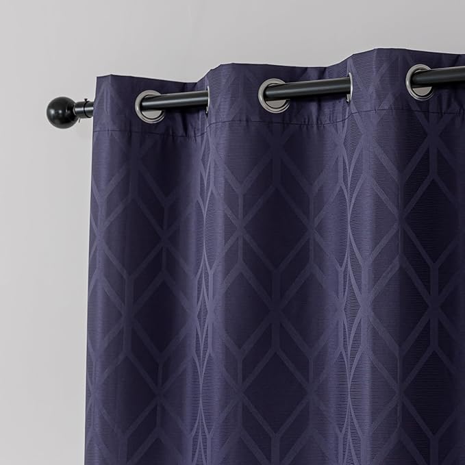Amazon Basics Jacquard 2-Piece 100% Blackout Curtains, Living Room and Bedroom Drapes, Thermal Insulated Window Treatment, 52"x84", Dark Blue