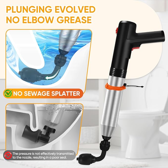 Electric Toilet Plunger, Drain Unclogger Plungers High Pressure Air Drain Blaster with Drain Auger, Splash-free Plungers for Bathroom, Plumbing Snake for Toilet, Clog Remover Heavy Duty(Black)