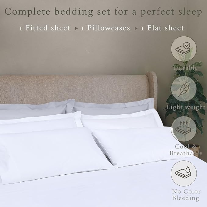 Threadmill 100% Cotton Hypoallergenic/Breathable/Stain-Resistant, 500 Thread Count, Solid 4-Piece Bed Sheet Set (1 Flat, 1 Fitted Sheet, 2 Pillow Covers), Queen White Sheets Set