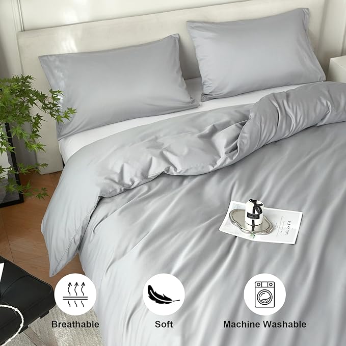 Full Size Cotton Duvet Cover Set 3 Piece-100% Egyptian Cotton Duvet Cover Set,1600Thread Count -Hotel Luxury Bedding，Ultra Soft & Breathable, Wrinkle-Free(Grey, 80x90 inches)