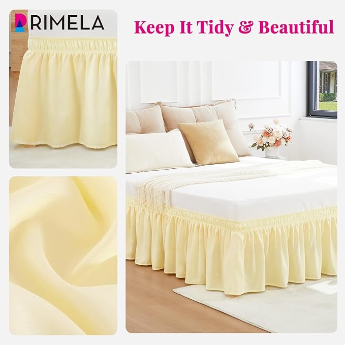RIMELA Full Bed Skirt 15 Inch Drop, Wrap Around Elastic Bedskirt Solid Microfiber Luxury Hotel Quality Fabric, Easy to Install Machine Washable Wrinkle & Fade Resistant, Beige Yellow