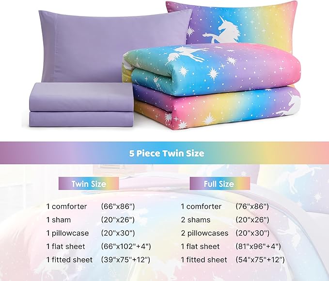 Twin Comforter Set for Girls-5 Pieces Rainbow Unicorn Twin Bedding Sets for Kids, Ultra Soft Bed in A Bag with Sheets