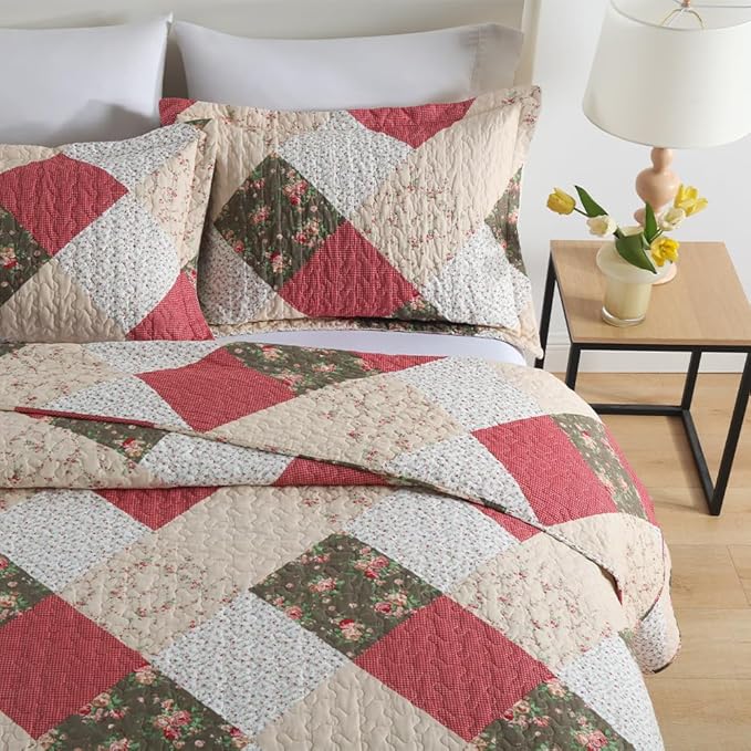 ENASAL Cotton Bedspread Quilt Bedding Sets Reversible Coverlet Sets Comforters Rose Floral Purple White Patchwork Pattern Bedspread for All Season, Queen Size