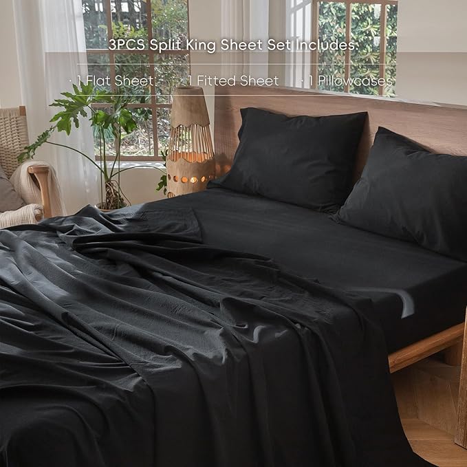 MooMee Bedding Sheet Set 100% Washed Cotton Linen Like Textured Breathable Durable Soft Comfy (Solid Black, Twin)