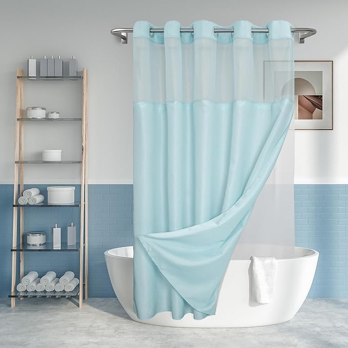 River Dream Extra Long No Hook Slub Textured Shower Curtain with Snap-in PEVA Liner Set - 71" x 86"(84"), Hotel Style with See Through Top Window, Blue Fabric Curtain & Waterproof Liner, Blue, 71x86