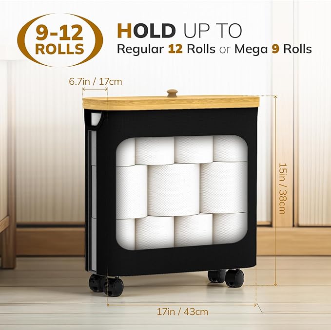 Toilet Paper Storage with Wheel Bamboo Toilet Paper Holder with Lid and Handle Toilet Papers Organizer for Bathroom Free Standing 30L Papers Basket for 9-12 Rolls Bathroom Accessories, Black