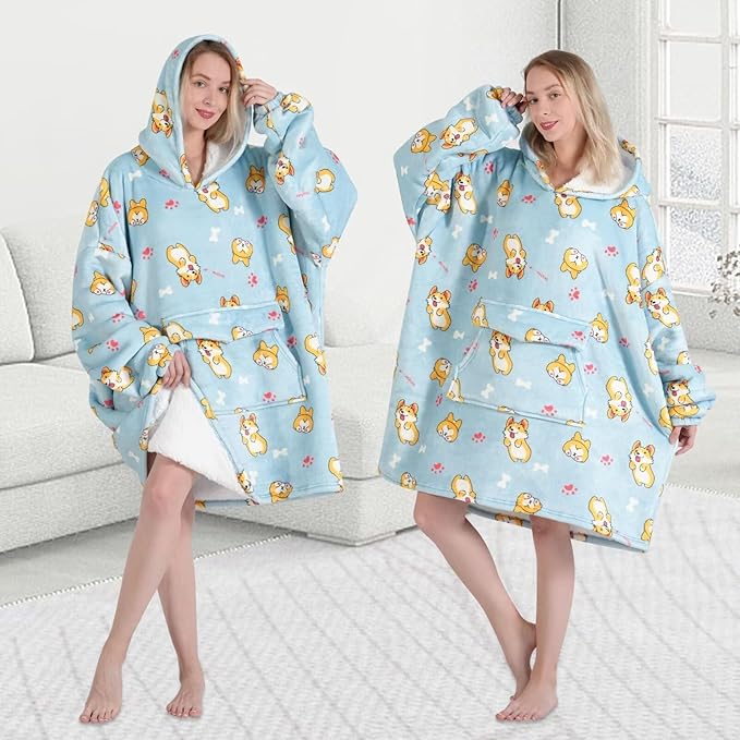 Wearable Blanket Hoodie for Adult,Oversized Sherpa Fleece Blanket Hoodie for Women Men,Corgi