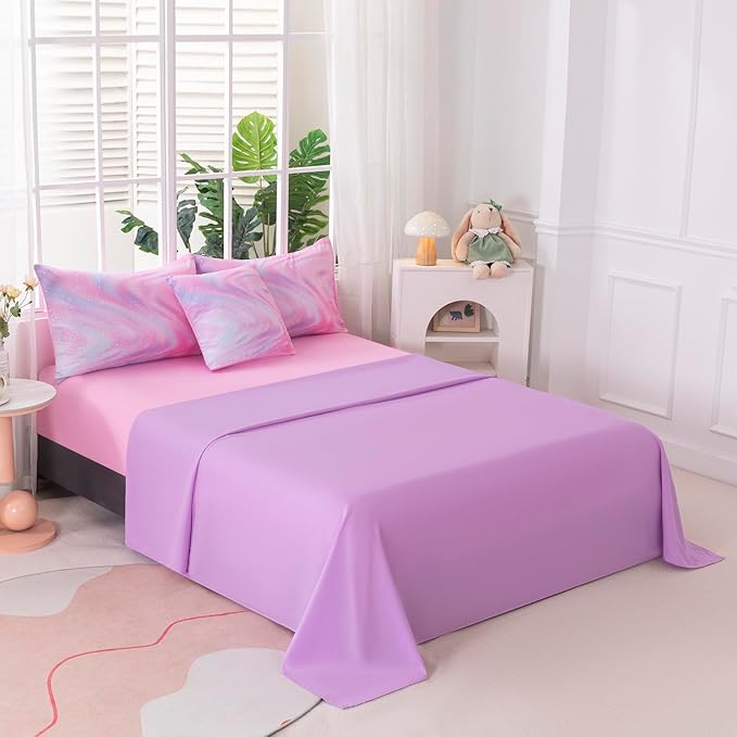 4Pcs Rainbow King Comforter Set Girls Kids, Pink Kids Bedding Sets King Size Stars Glitter Soft & Breathable Kids Bed for Gift Bedroom Decor
