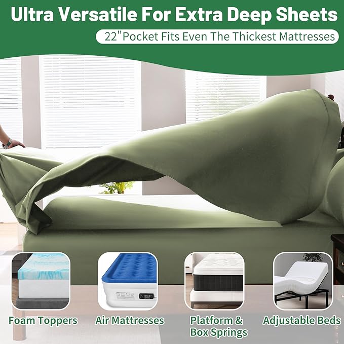 Extra Deep Pocket California King Sheets 18-24 Inch 1000 Thread Count 100% Egyptian Cotton Sateen Weave Soft Breathable 4 Pieces（California King,Olive Green）