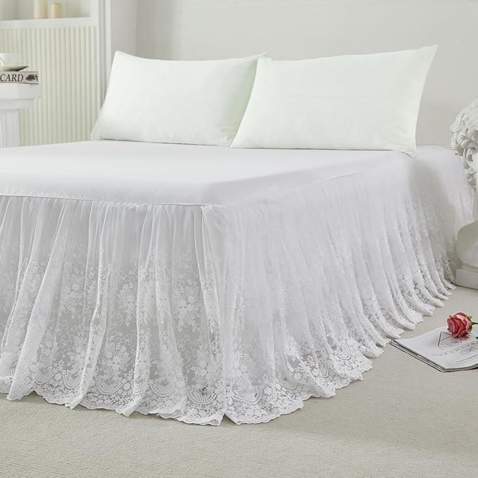 Brandream Luxury White Lace Bed Skirt King Size 18 Inch Drop Split Corners Romantic Bed Cover Dust Ruffle Bed Skirts