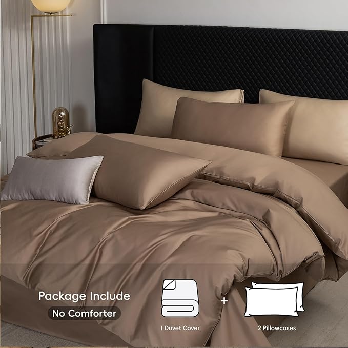 MooMee Duvet Cover Set 100% Extra Long Staple Cotton 600 Thread Count Silky Sateen Smooth Luxury Soft Breathable Durable Hotel Quality Bedding, 3 Pieces (Brown, Full 80"x90")