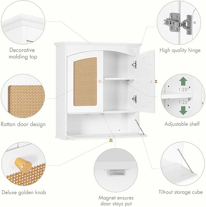Spirich Bathroom Cabinet Wall Mount, Medicine Cabinet for Bathroom, Over The Toilet Storage Cabinet with Rattan Doors and Tilt-Out Cube
